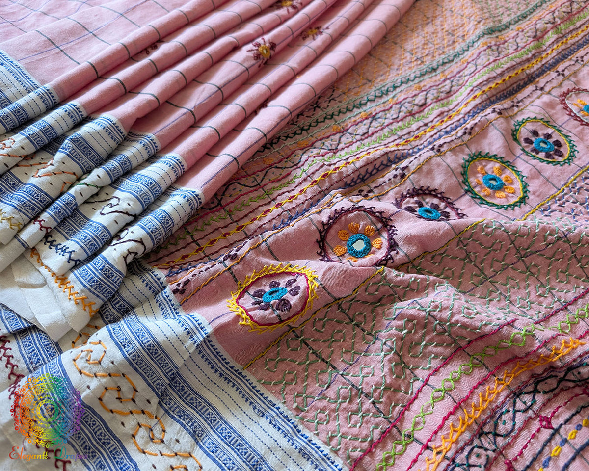 Close-up of intricate multicolored Lambani hand embroidery on the richly embellished palla