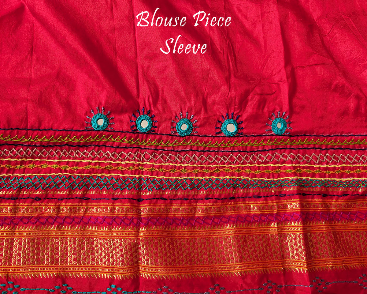 Blouse sleeve detail with Lambani hand embroidery on matching blush pink fabric