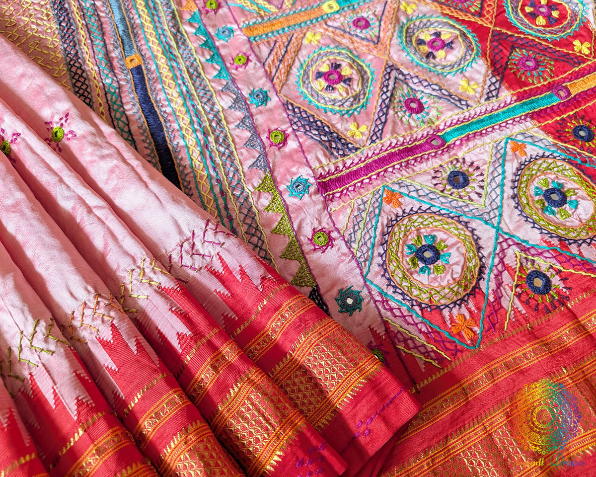 Artisanal embroidery motifs on pure Ilkal silk saree in blush pink
