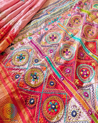 Palla close up showcasing intricate Lambani hand embroidery on Ilkal silk saree