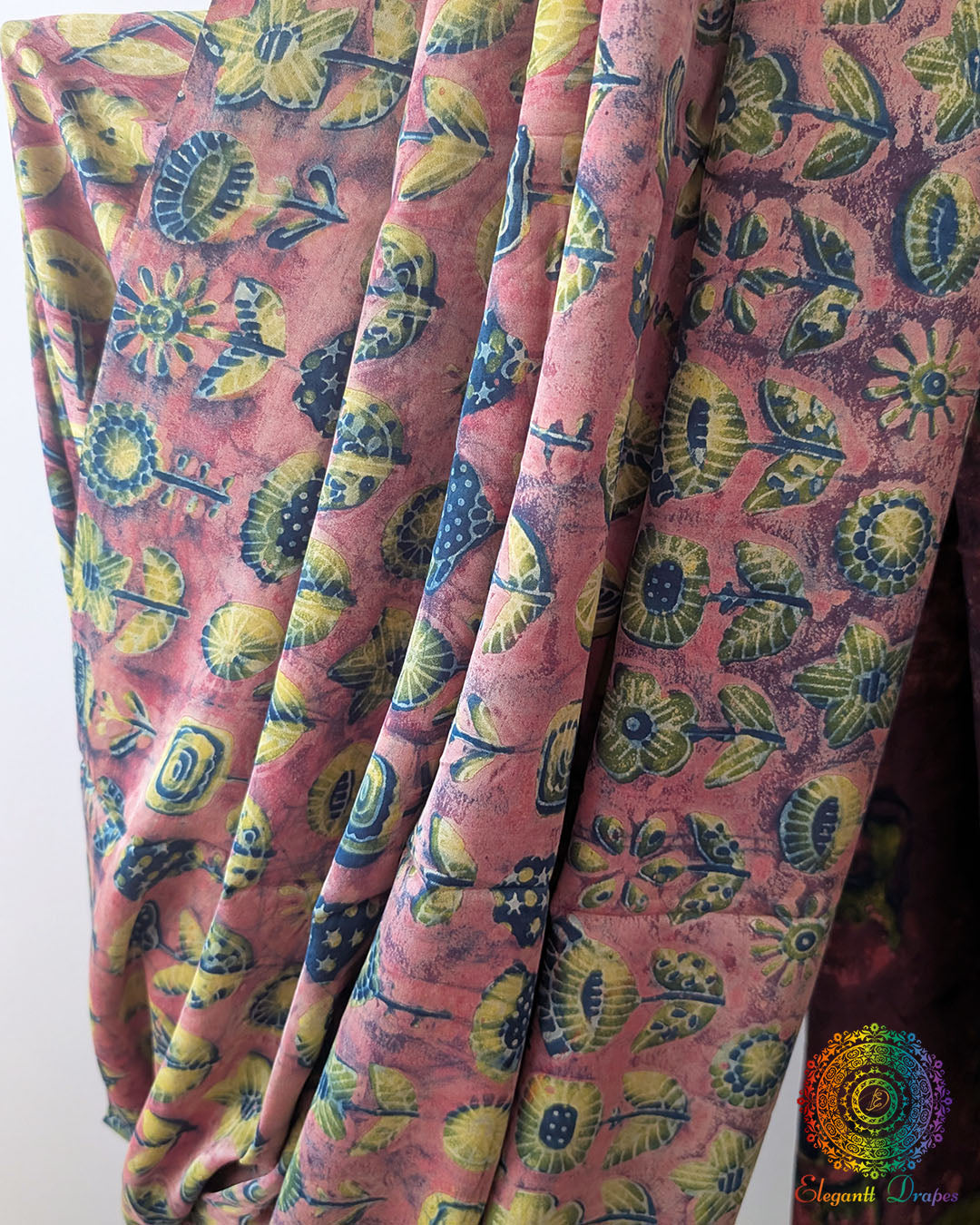 Close-up of Pomegranate Nashpal dye and floral motifs on Dusty Rose Pink Modal Tussar Saree