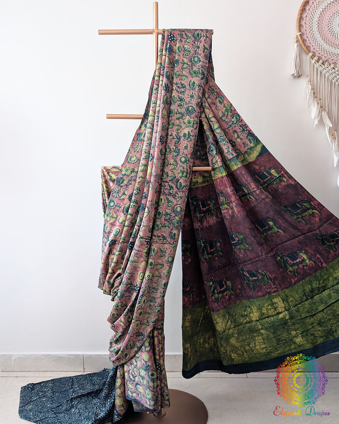 Dusty Rose Pink Modal Tussar Saree draped view with Pomegranate Nashpal dye