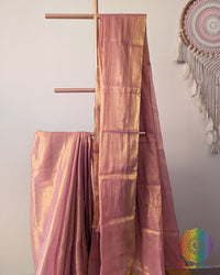 Blush pink Bengal tissue linen saree close up