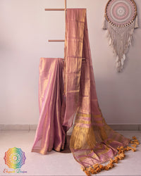 Blush pink Bengal tissue linen saree drape view