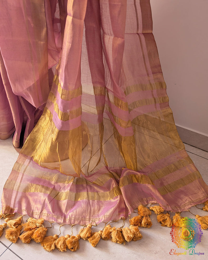 Pom pom detailing on blush pink saree