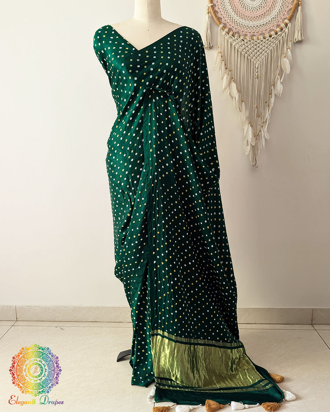 Bottle Green Pure Gajji Silk Saree with All-Over Bandhani Dots front view