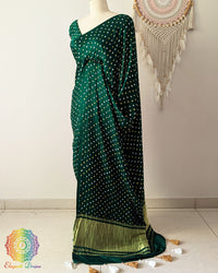 Bottle Green Pure Gajji Silk Bandhani Saree side view