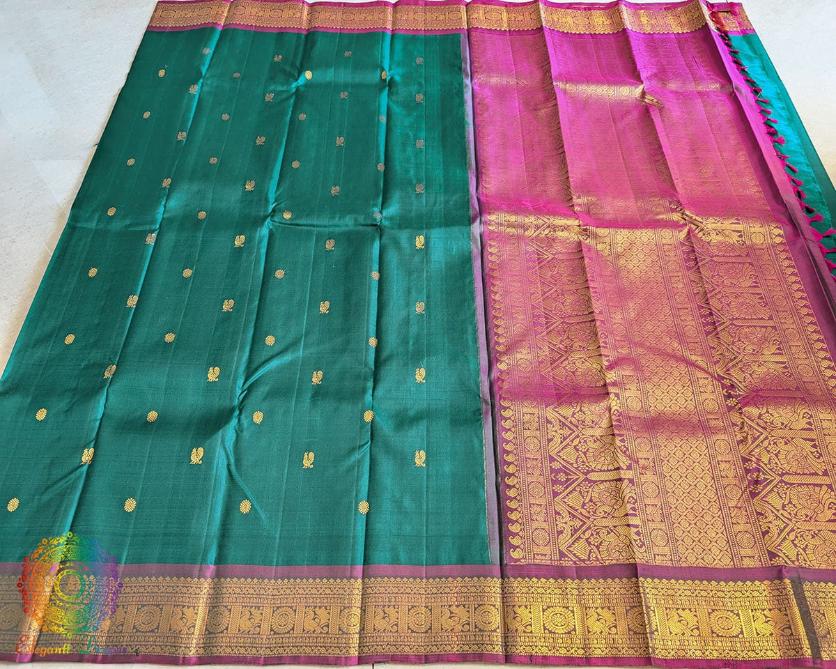 Bottle green Kanjivaram silk saree open view