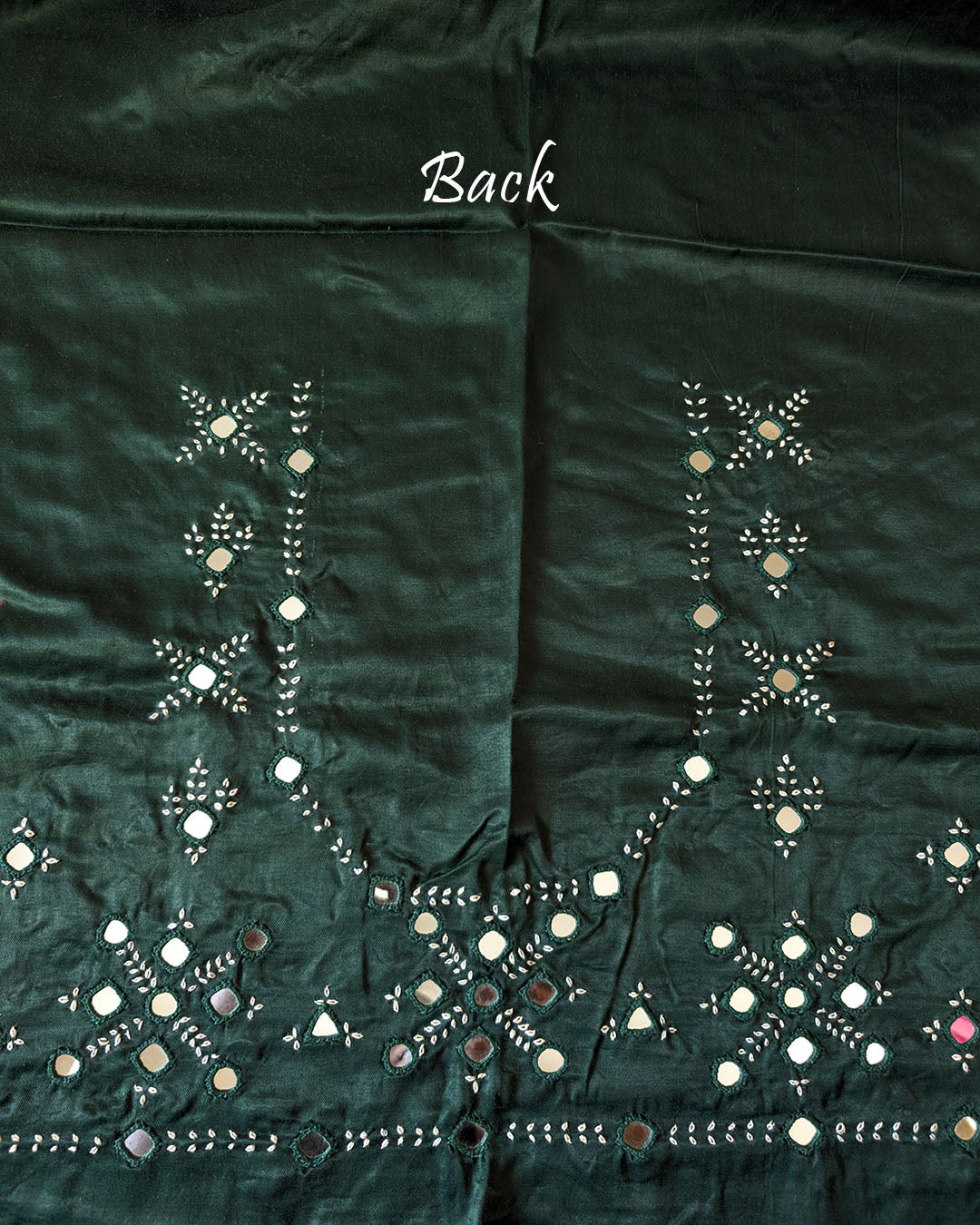 Close-up of Kutch mirror work on the back of Bottle Green Mashru Silk Blouse Piece