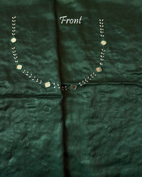 Close-up of Kutch mirror work on front neckline of Bottle Green Mashru Silk Blouse Piece