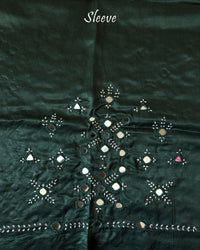 Close-up of Kutch mirror embroidery on sleeve of Bottle Green Mashru Silk Blouse Piece