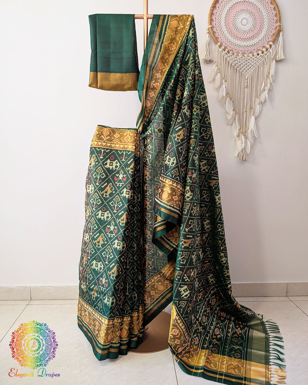 Bottle green pure mulberry silk Rajkot Patola saree drape view