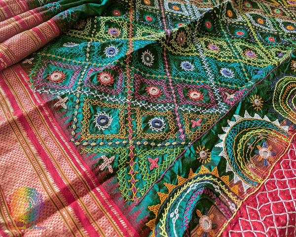 Bottle green Lambani embroidered Ilkal silk saree full layout view