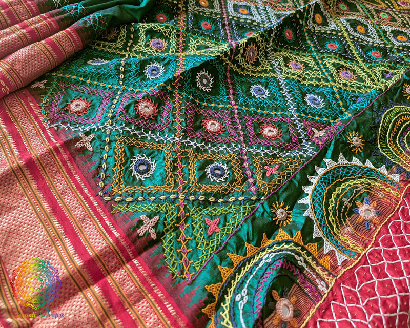 Bottle green Lambani embroidered Ilkal silk saree full layout view