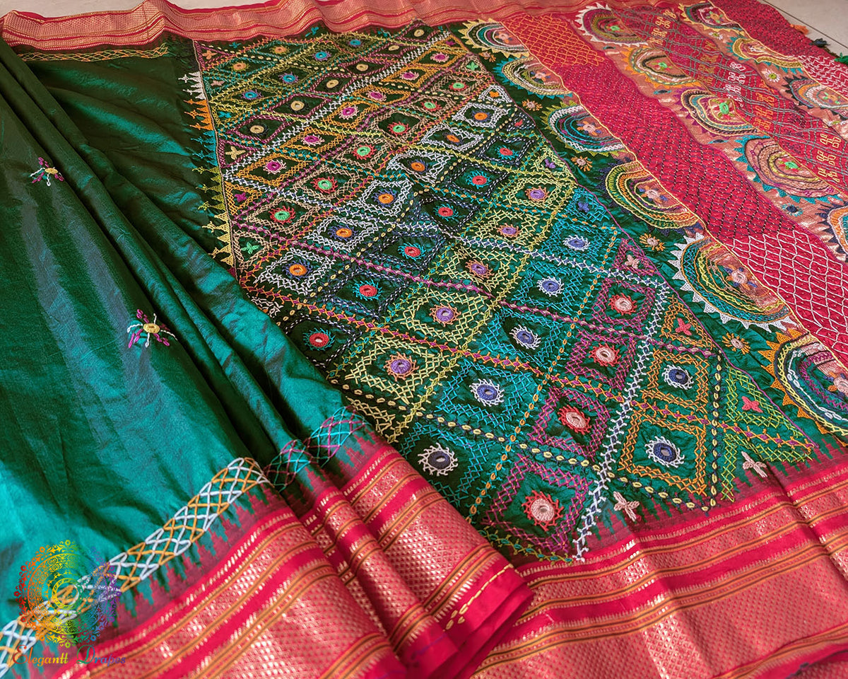 Detailed view of handcrafted Lambani embroidery on Ilkal silk saree palla