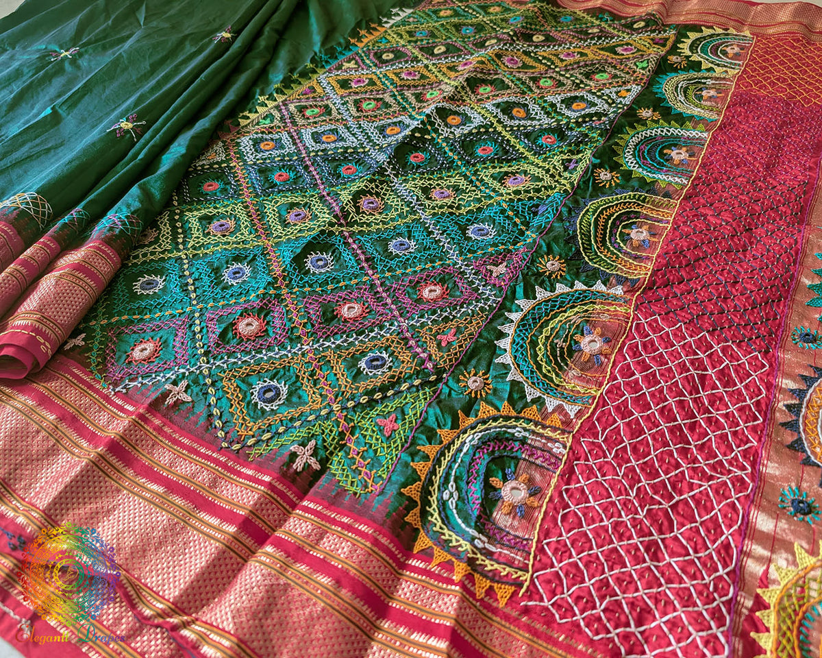 Border close up on bottle green Ilkal silk saree highlighting hand embroidery
