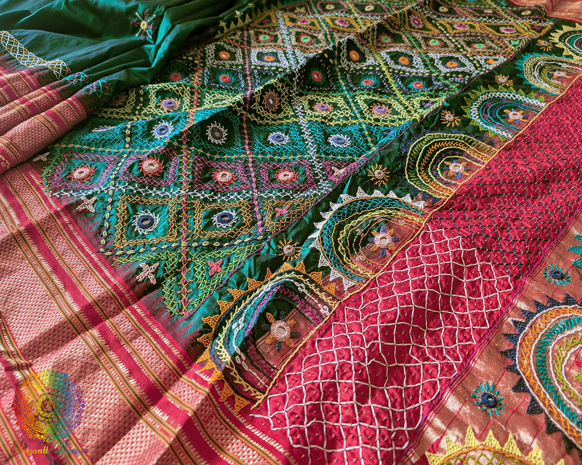 Palla close up on bottle green Ilkal silk saree highlighting Lambani embroidery