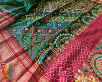 Palla close up on bottle green Ilkal silk saree highlighting Lambani embroidery