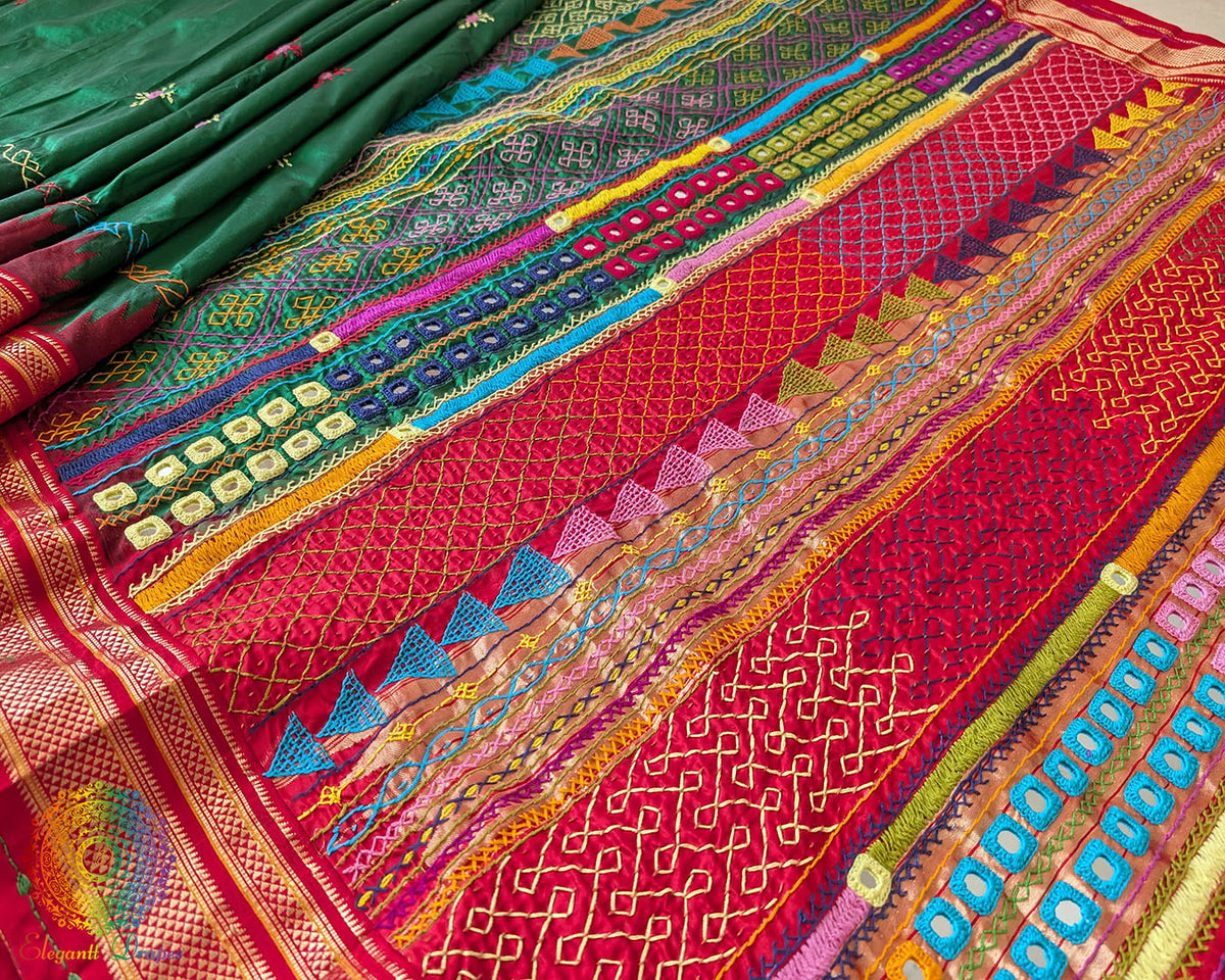 Close-up of the Deep Green Pure Ilkal Silk Saree showcasing Sindur Lambani handwork, with intricate colourful thread embroidery against the rich green silk body.