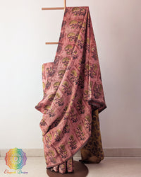 Brick Red Nashpal Pomegranate Ajrakh Modal Tussar Saree with the palla fully opened, displaying its rich brick red colour and traditional striped Ajrakh design.