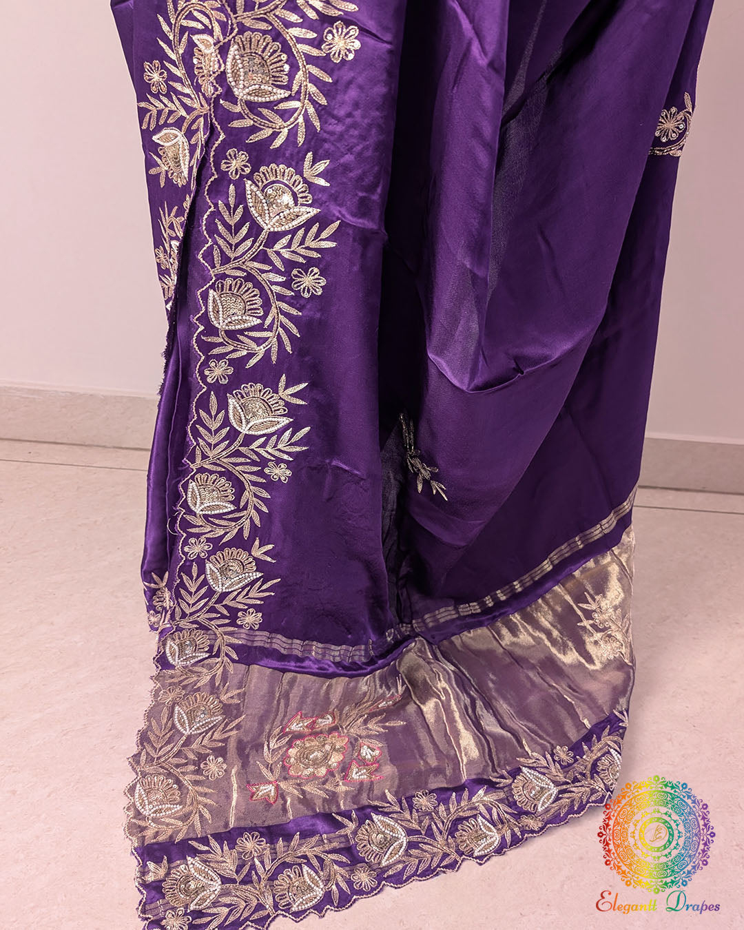 Dabka embroidery detail on purple silk saree