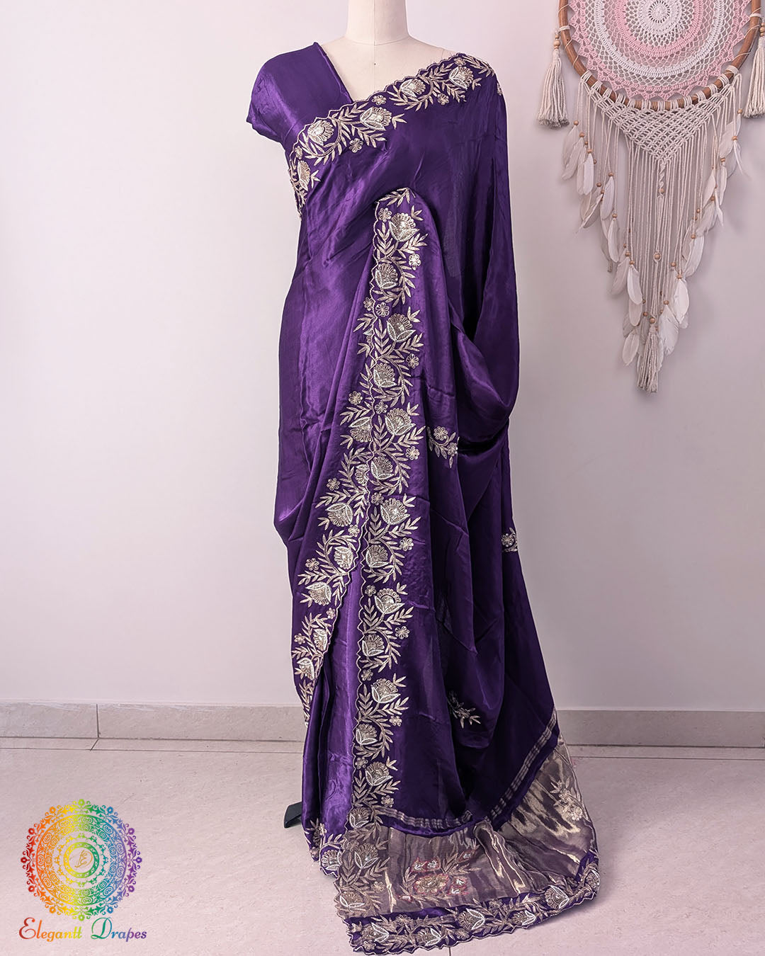 Purple Gaji silk dabka handwork saree drape view