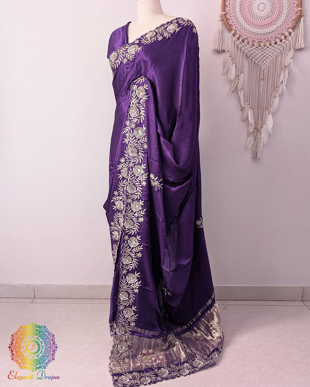 Purple Gaji silk dabka handwork saree border detail