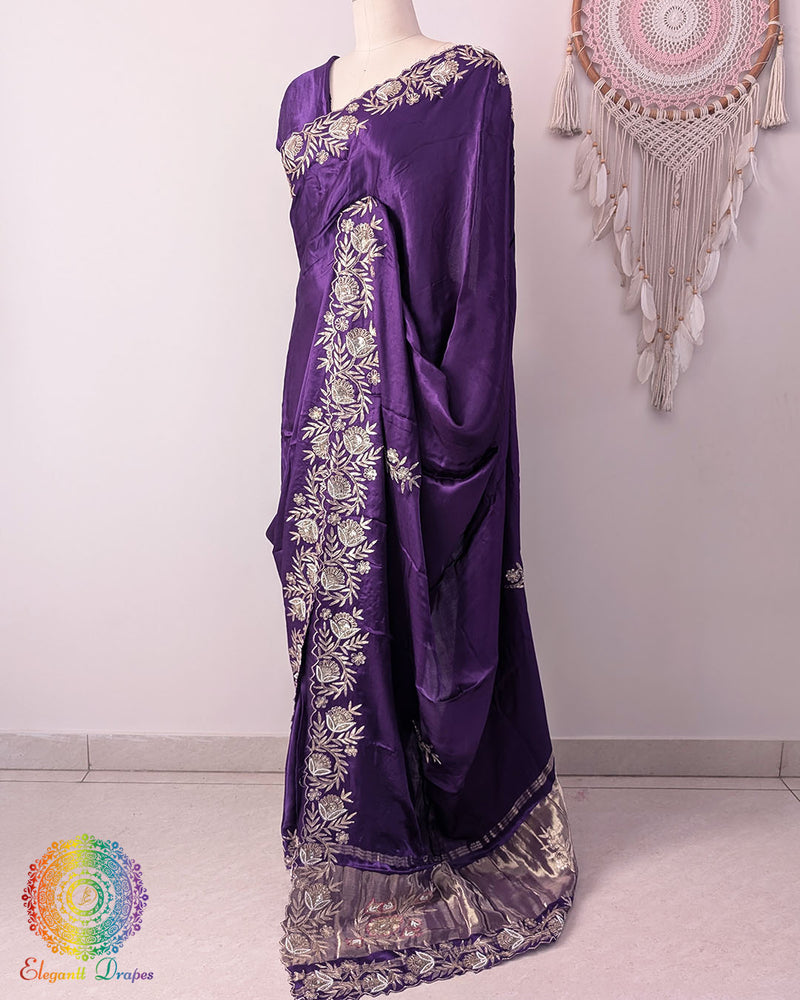 Purple Gaji silk dabka handwork saree border detail