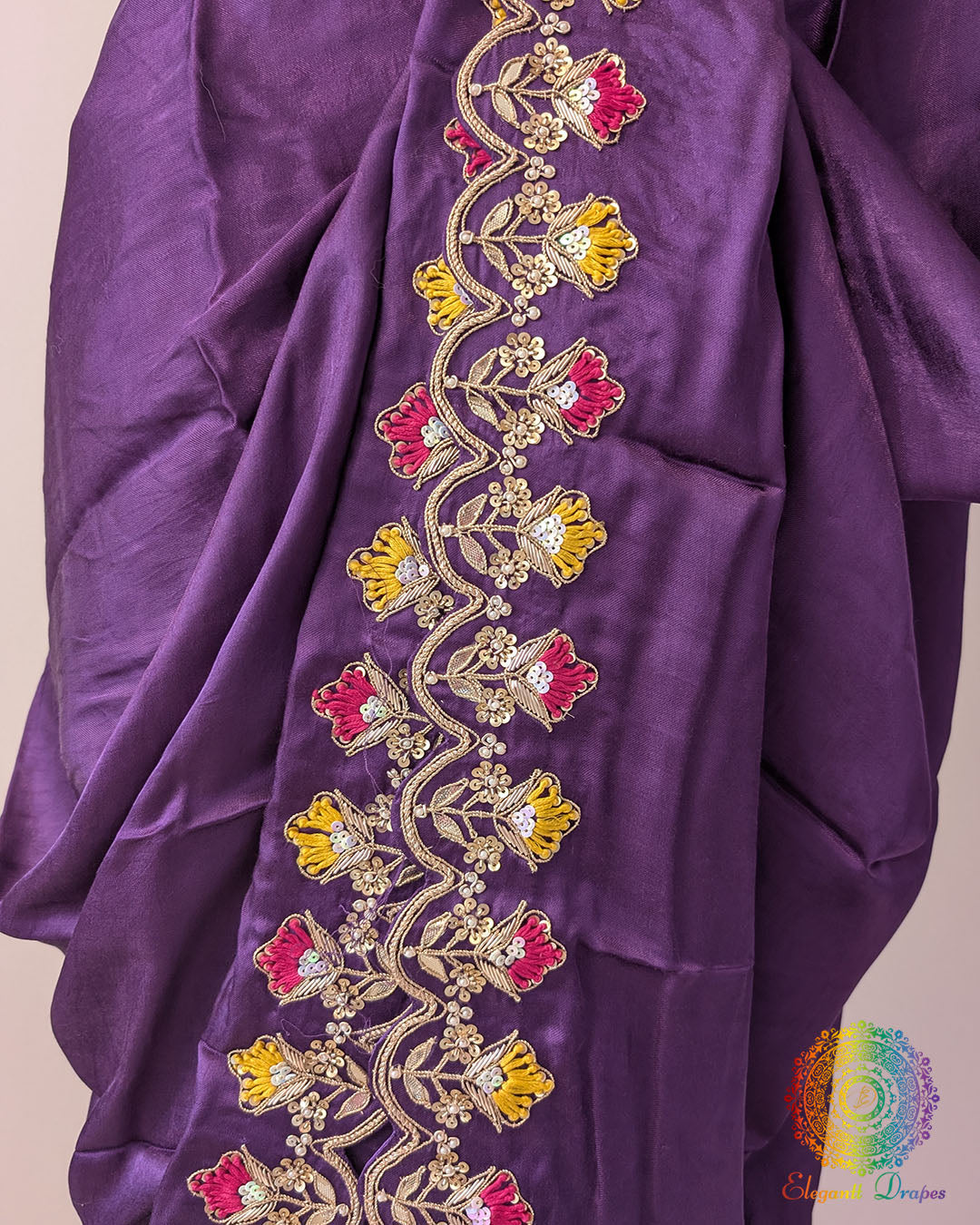 Brinjal gaji silk saree with gota patti and resham handwork close view