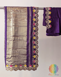 Brinjal gaji silk saree with gota patti and resham handwork hanged folded