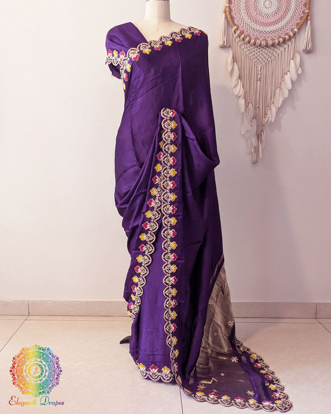 Brinjal gaji silk saree with gota patti and resham handwork Elegantt Drapes