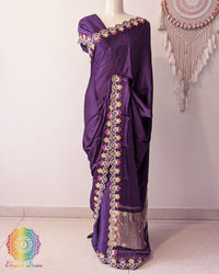 Brinjal gaji silk saree drape showing gota patti and resham embroidery