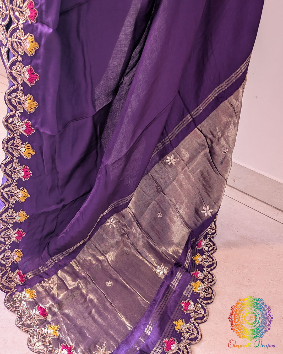 Brinjal gaji silk saree highlighting gota patti and resham handwork palla