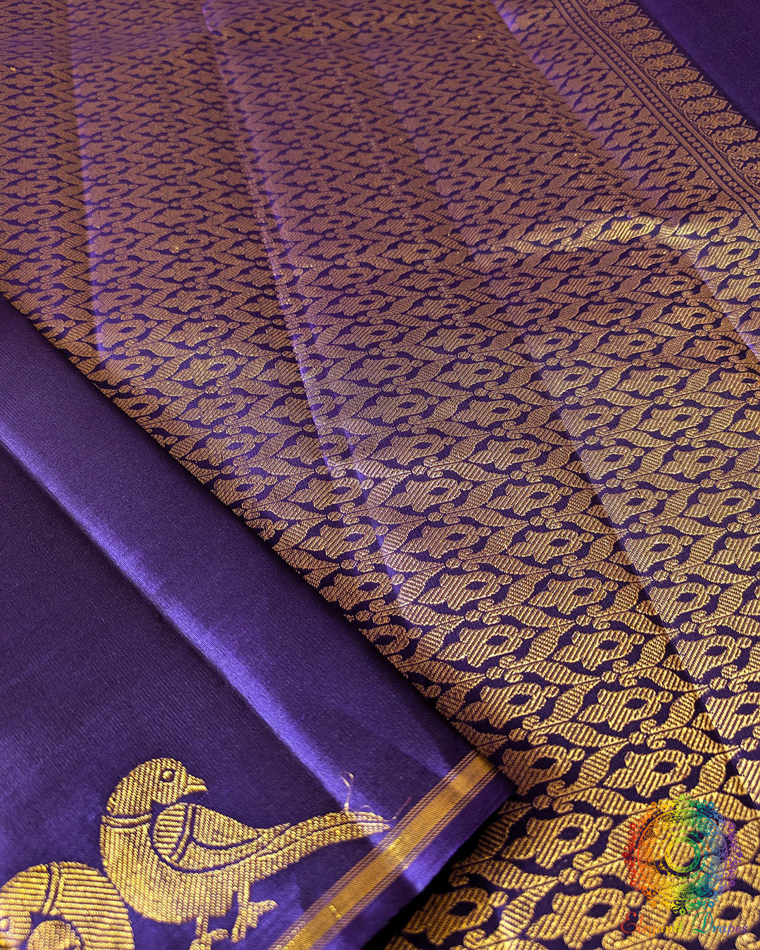 Pallu view of Brinjal Pure Kanjivaram Handloom Silk Saree with 2-Gram Zari