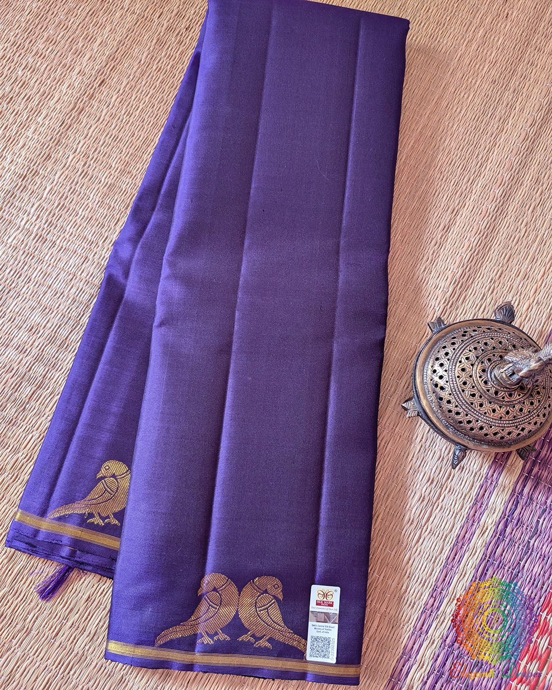 Brinjal Pure Kanjivaram Handloom Silk Saree folded view with 2-Gram Zari