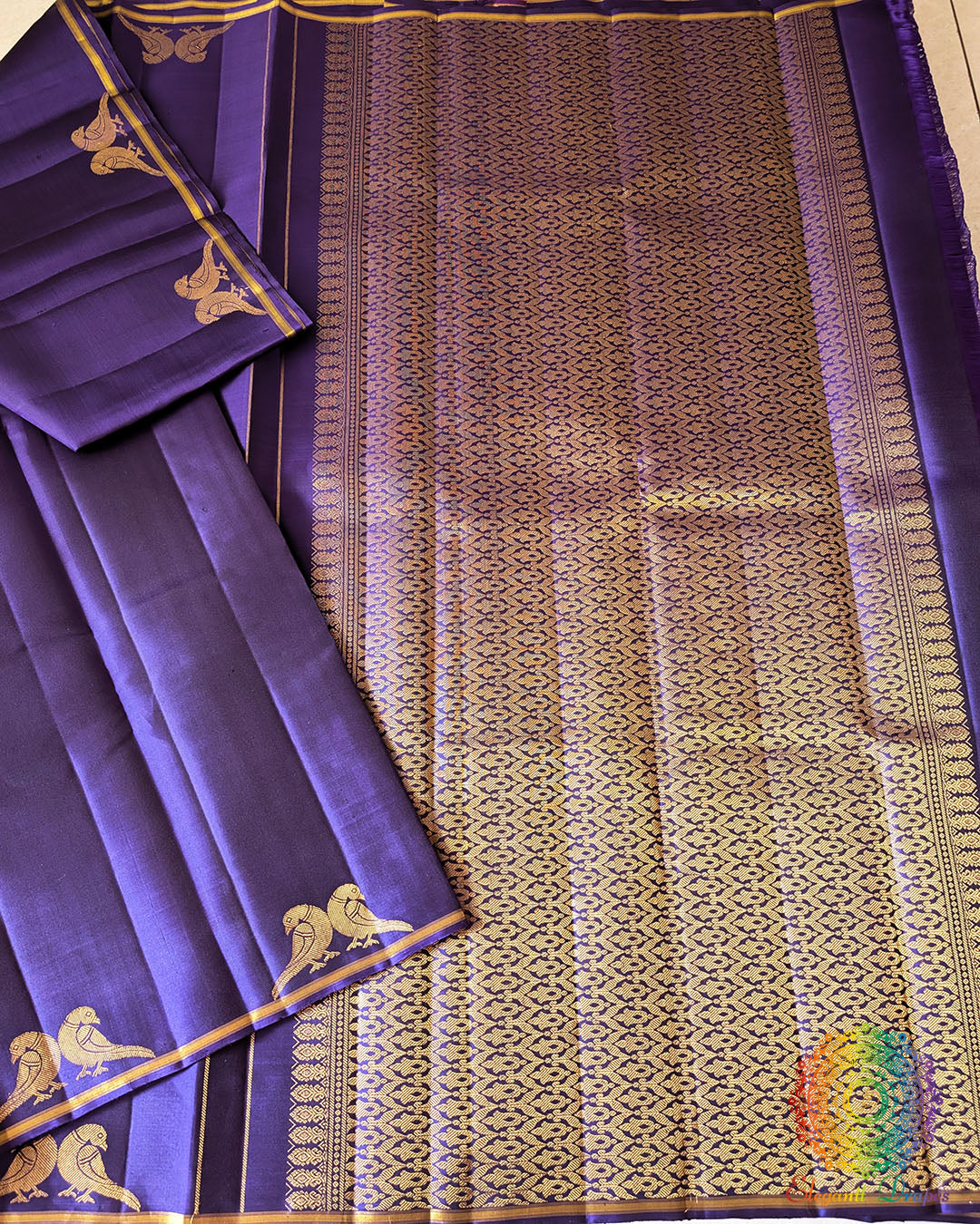 Brinjal Pure Kanjivaram Silk Saree open view with 2-Gram Zari
