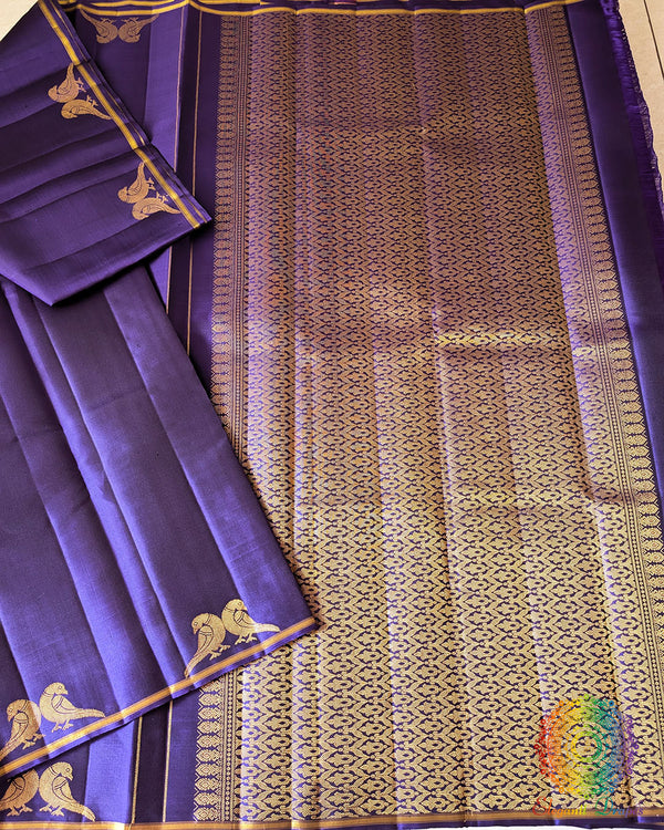 Brinjal Pure Kanjivaram Silk Saree open view with 2-Gram Zari