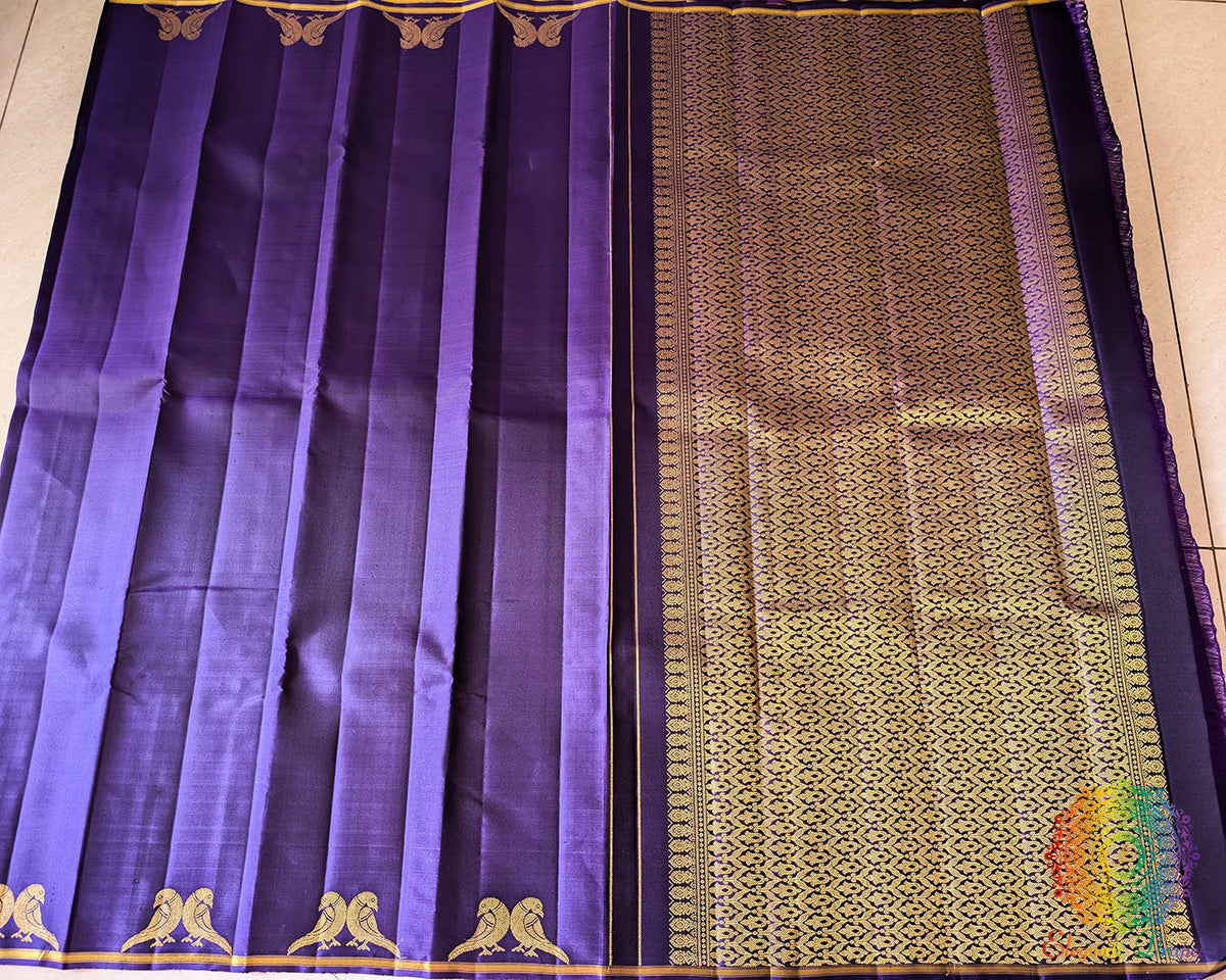 Open view of Brinjal Kanjivaram Handloom Silk Saree with traditional woven zari motifs