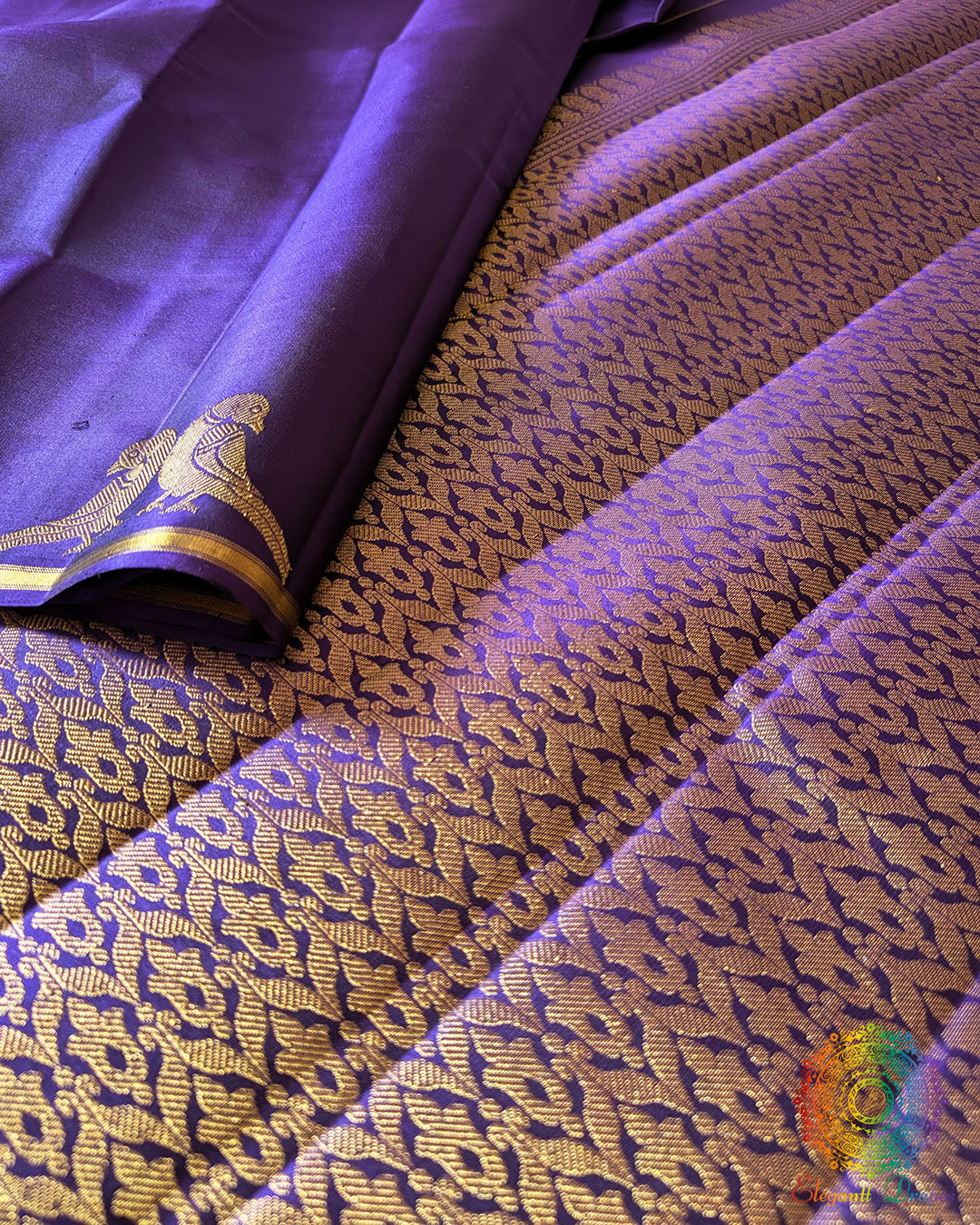 Close-up of zari detailing on the pallu of Brinjal Kanjivaram Silk Saree