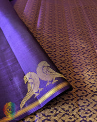 Close-up of 2-Gram Zari pair of peacock motifs on Brinjal Pure Kanjivaram Silk Saree