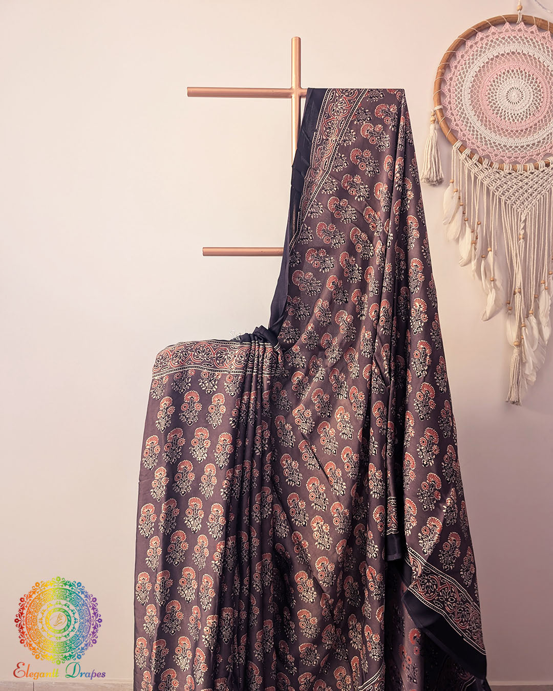 Ajrakh hand block print detail on brown modal silk saree