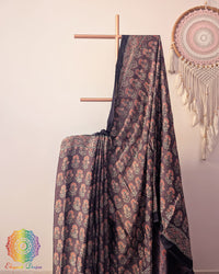 Ajrakh hand block print detail on brown modal silk saree