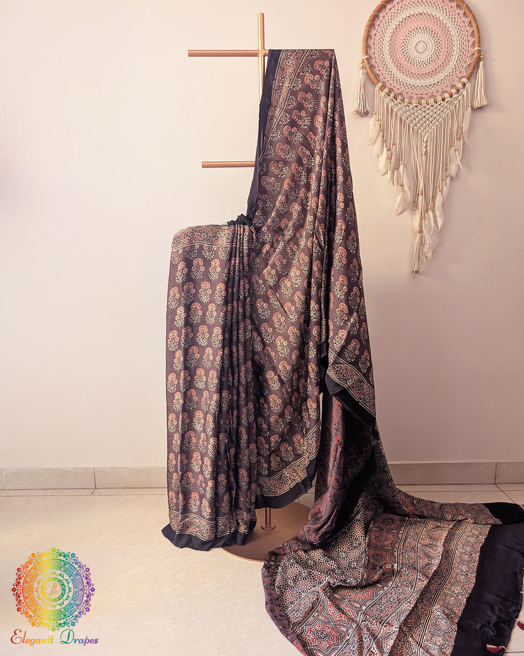 Brown modal silk Ajrakh saree drape view