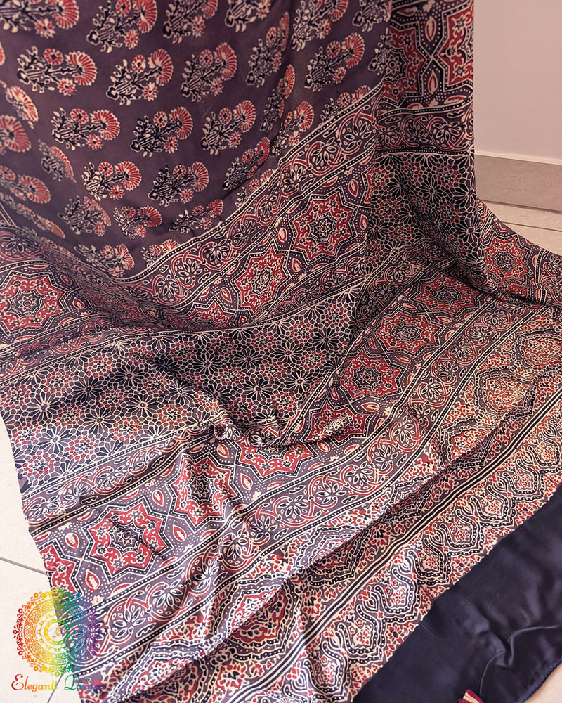 Brown modal silk Ajrakh saree pleats