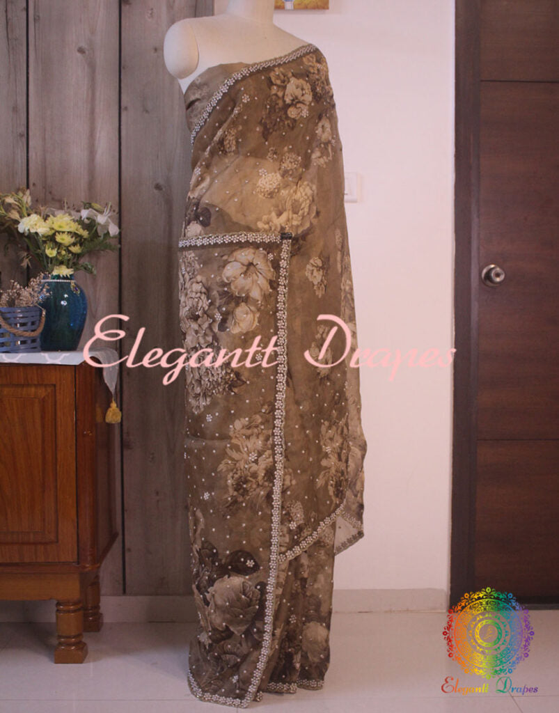 Brown  Floral Printed Pure Organza Handwork Saree – Handloom Saree Online India | Elegantt Drapes