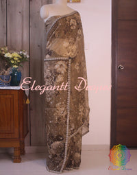 Brown  Floral Printed Pure Organza Handwork Saree – Handloom Saree Online India | Elegantt Drapes