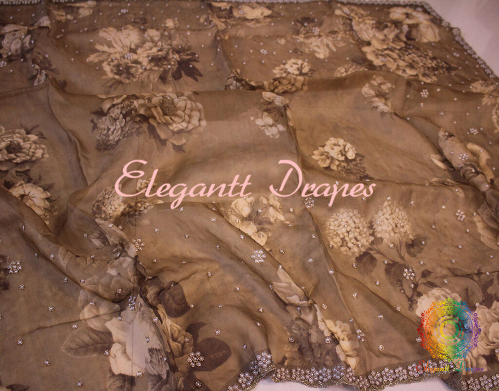 Brown  Floral Printed Pure Organza Handwork Saree – Handloom Saree Online India | Elegantt Drapes