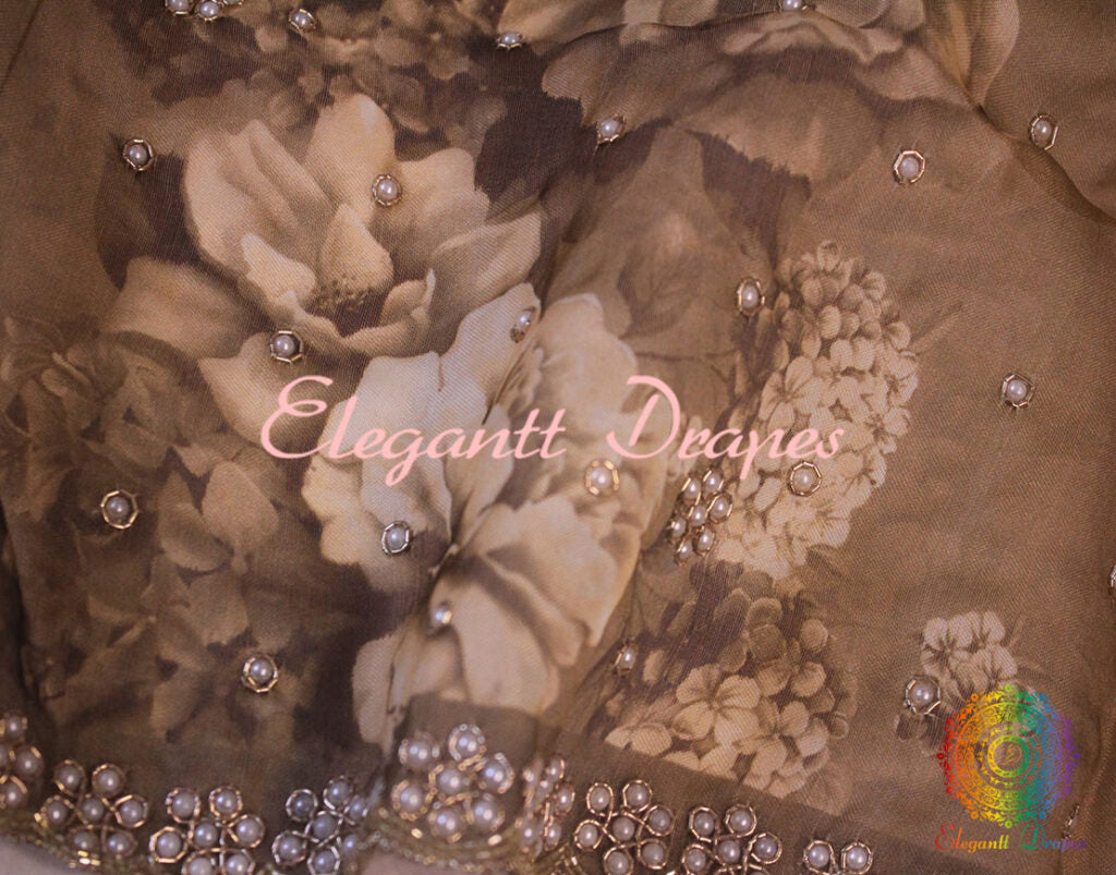 Brown  Floral Printed Pure Organza Handwork Saree – Handloom Saree Online India | Elegantt Drapes