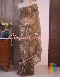 Brown  Floral Printed Pure Organza Handwork Saree – Handloom Saree Online India | Elegantt Drapes