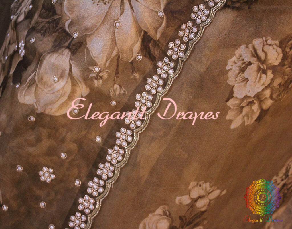 Brown  Floral Printed Pure Organza Handwork Saree – Handloom Saree Online India | Elegantt Drapes